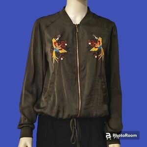 VTG JANINA Olive Embroidered Phoenix Bird Blouson Bomber Festival Jacket